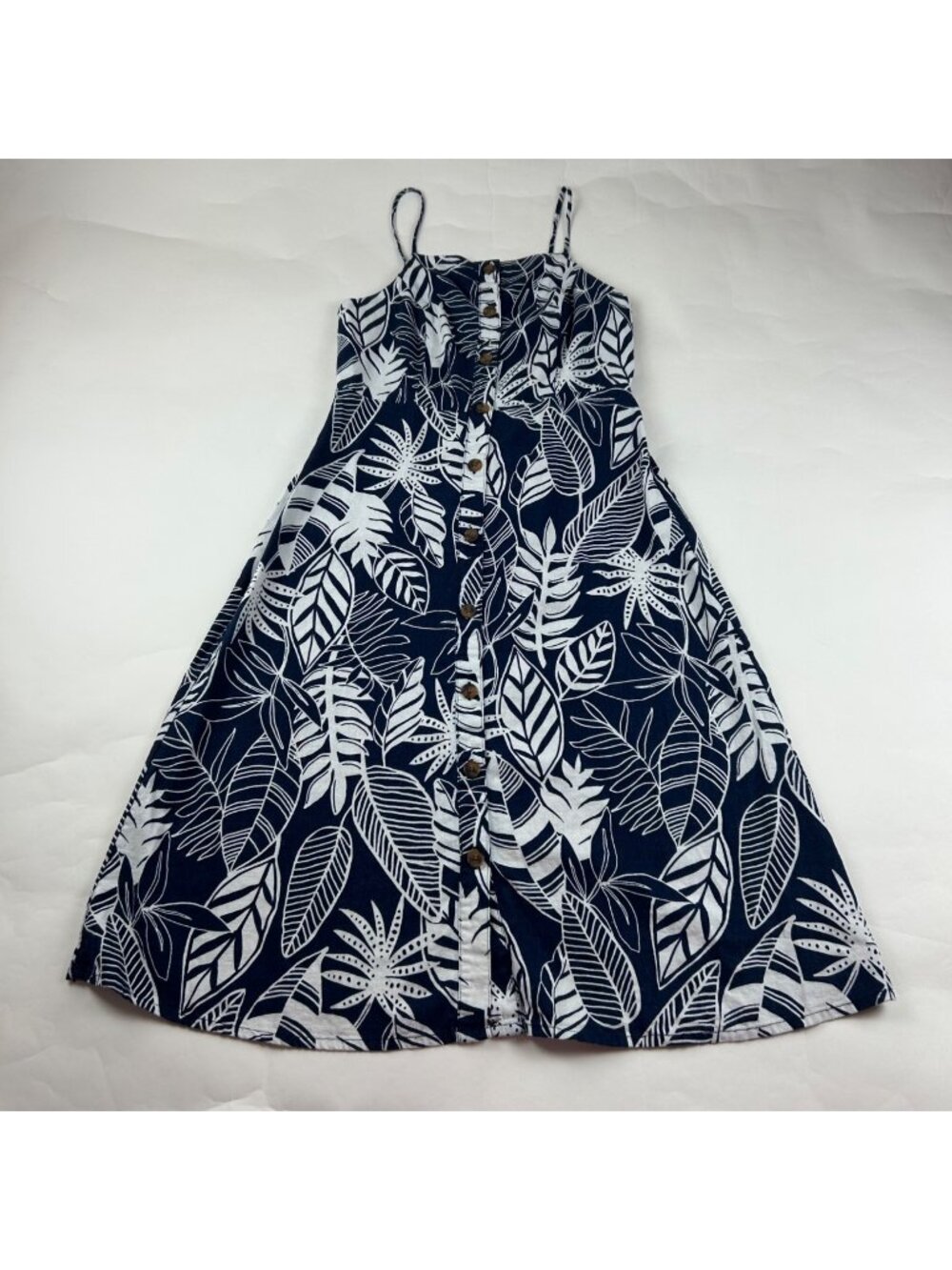 Old Navy Dark Blue Palm Print Linen Blend Midi Dress M